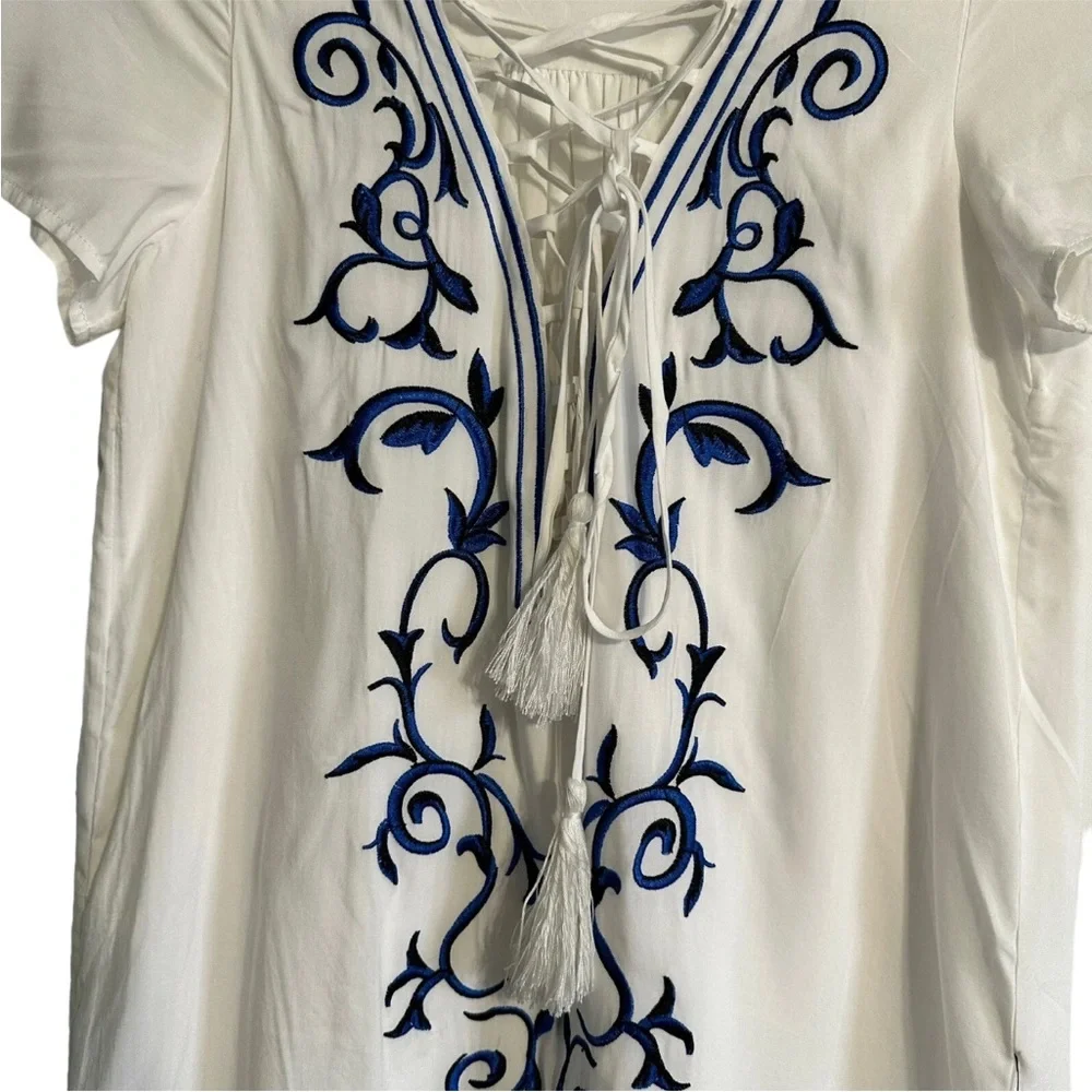 Lulus Small Embroidered Lace Up Shift Dress Vacation Beach Down In Kokomo - Picture 6 of 13